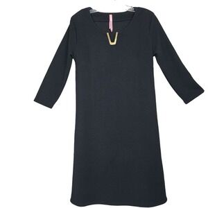 Magic Dress Women M Gold‎ V-Neck Accent Black Stretch Office Chic 3/4 Sleeve